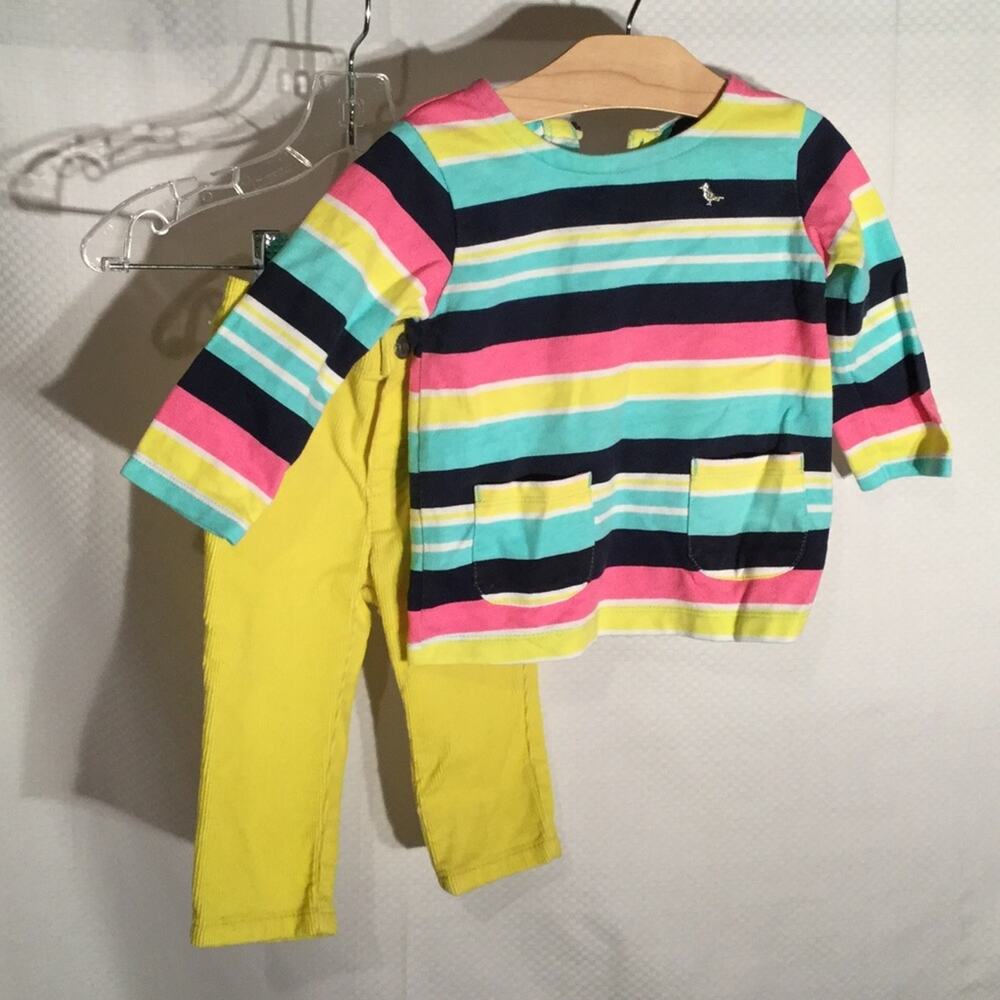 Carters 9m bright yellow corduroys striped top worn once hip stylish euc